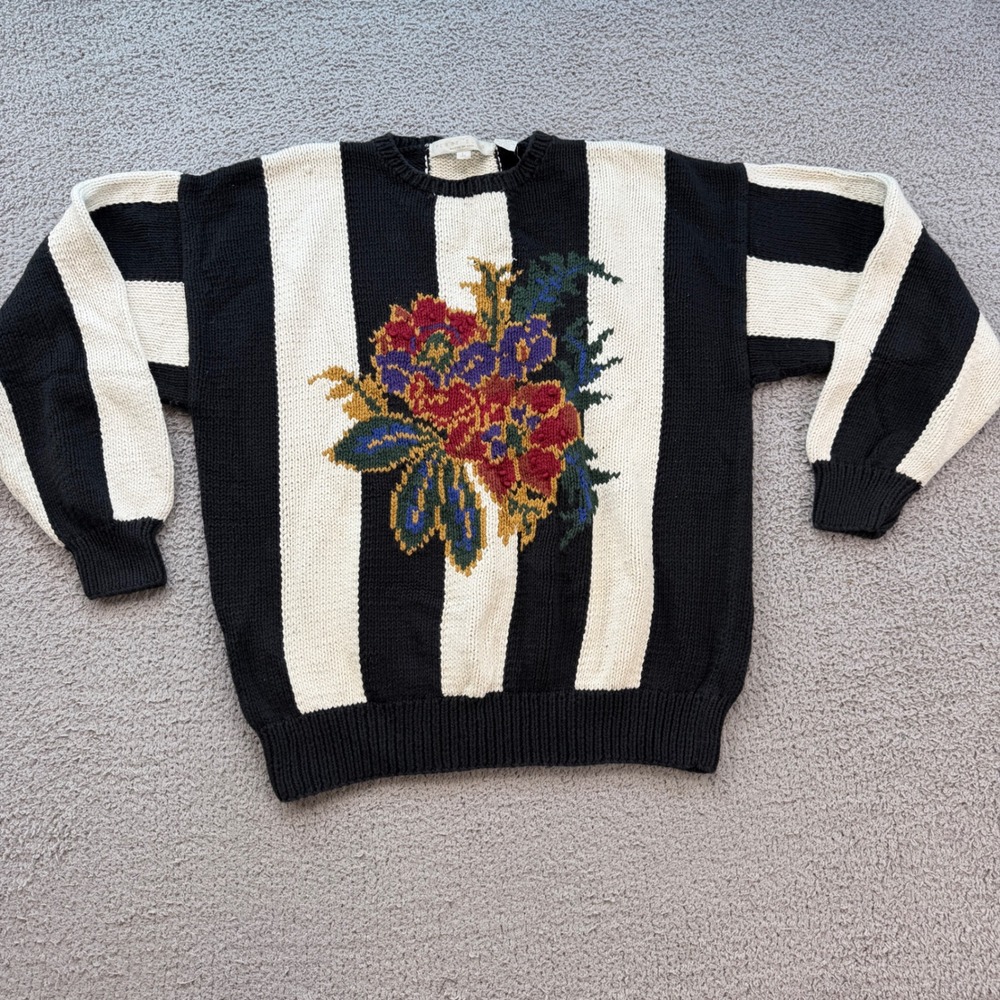 Vintage 90s Perry Ellis Hand Knit Floral Striped Cotton Sweater Black Cream L